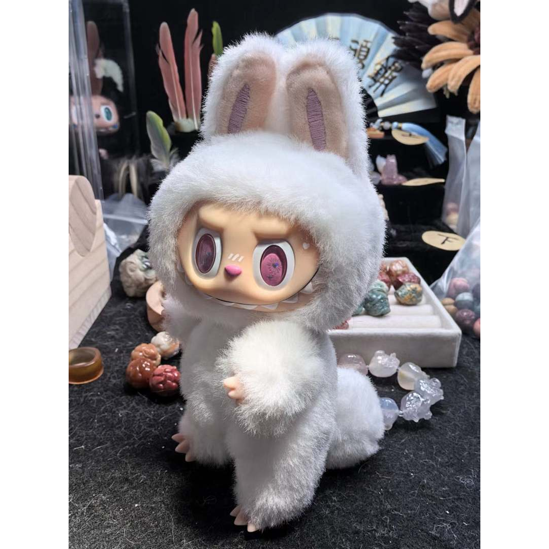 Handmade Custom Labubu Monster White Bunny Vinyl Face Plush Doll Pendant Front View Handmade Custom Labubu Monster White Bunny Vinyl Face Plush Doll Pendant Front View